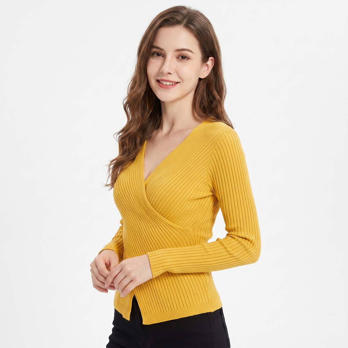 Women's Ribbed Wrap V-Neck Knit Top Long-Sleeve Fitted Slim Stretch