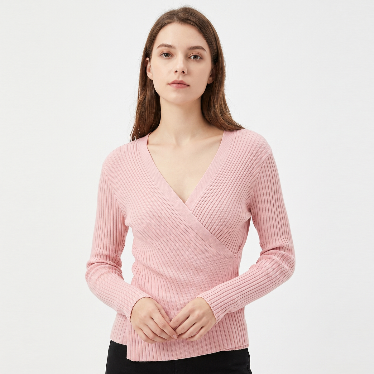 Women's Ribbed Wrap V-Neck Knit Top Long-Sleeve Fitted Slim Stretch