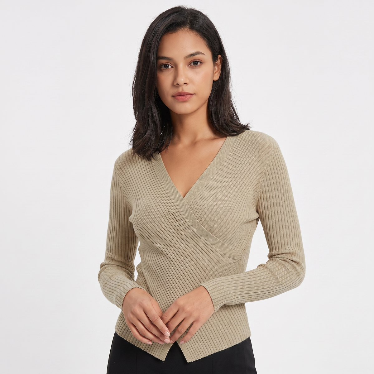 Women's Ribbed Wrap V-Neck Knit Top Long-Sleeve Fitted Slim Stretch