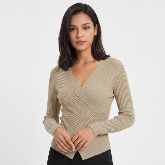 Women's Ribbed Wrap V-Neck Knit Top Long-Sleeve Fitted Slim Stretch