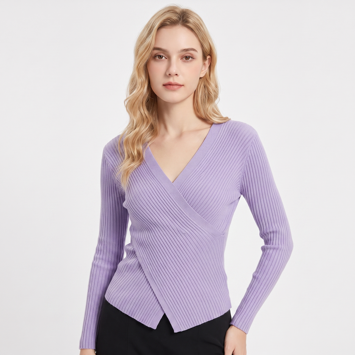 Women's Ribbed Wrap V-Neck Knit Top Long-Sleeve Fitted Slim Stretch
