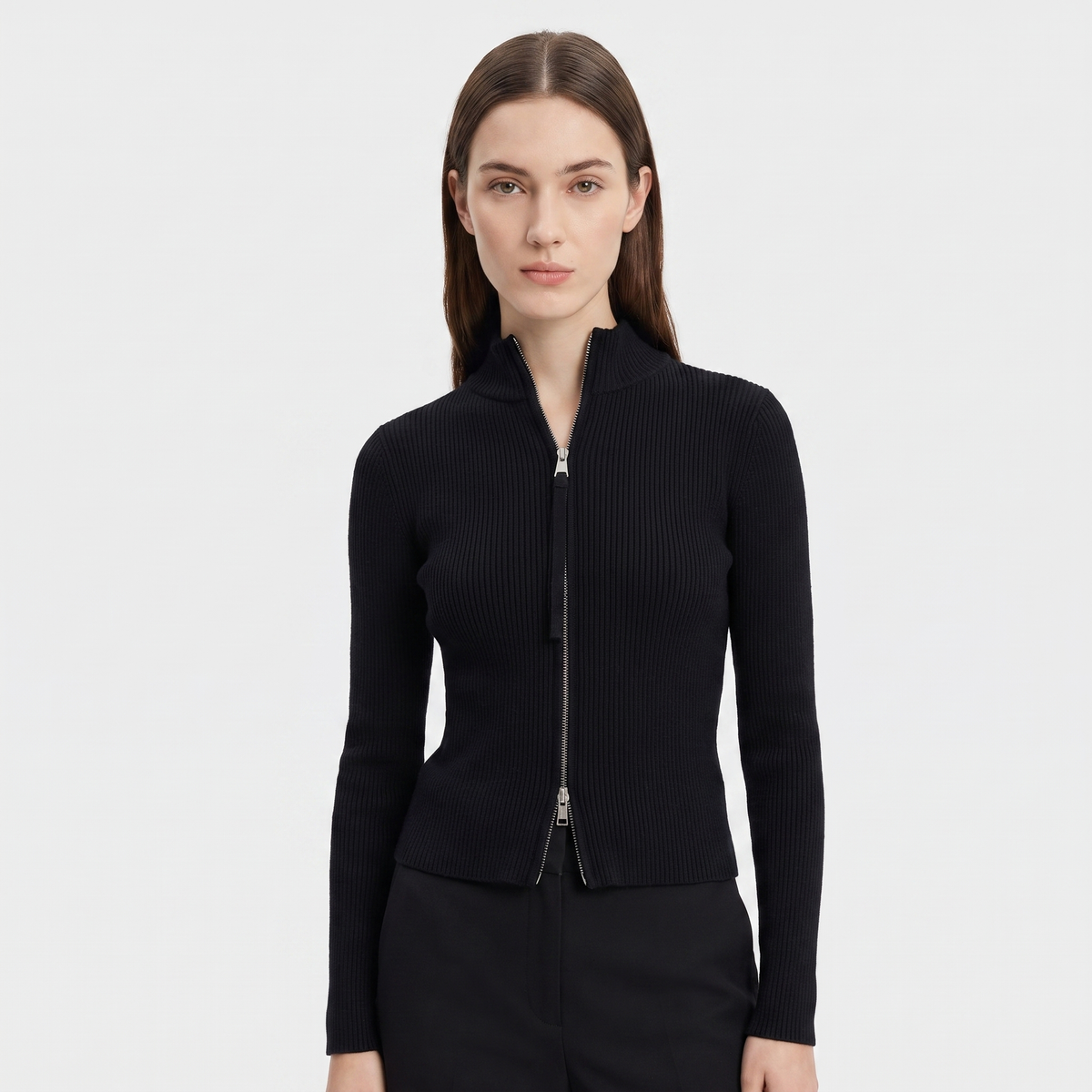 Women's Ribbed Zip-Up Fitted Knit Turtleneck Long-Sleeve Stretch Top