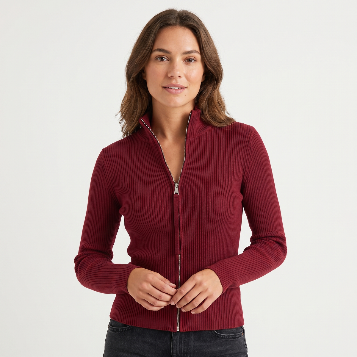 Women's Ribbed Zip-Up Fitted Knit Turtleneck Long-Sleeve Stretch Top