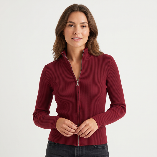 Women's Ribbed Zip-Up Fitted Knit Turtleneck Long-Sleeve Stretch Top