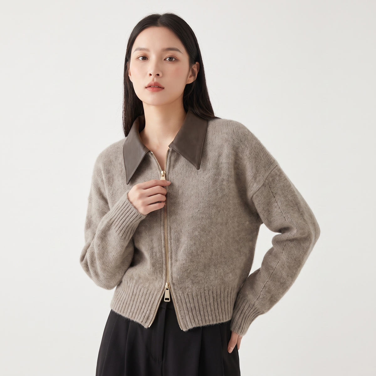 Women's Fluffy Knit Zip-Up Cardigan Faux Leather Collar Cropped Jacket