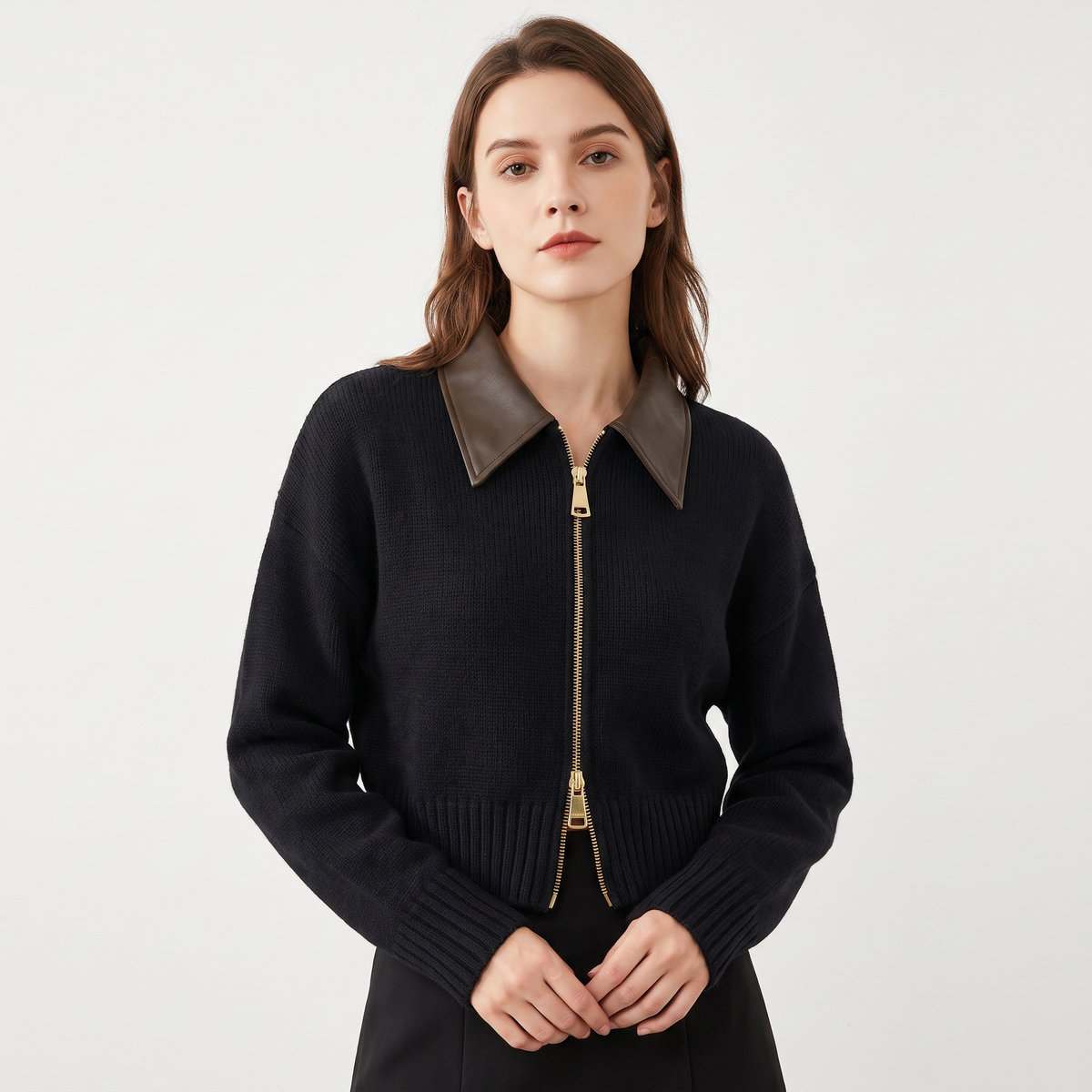 Women's Fluffy Knit Zip-Up Cardigan Faux Leather Collar Cropped Jacket