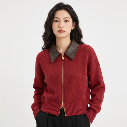 Women's Fluffy Knit Zip-Up Cardigan Faux Leather Collar Cropped Jacket