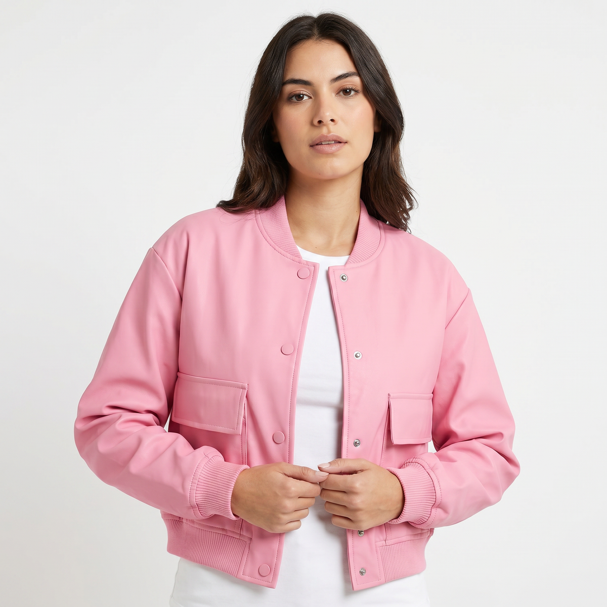 Women's Cropped Bomber Jacket Button Front Cargo Pocket Ribbed Trim Coat