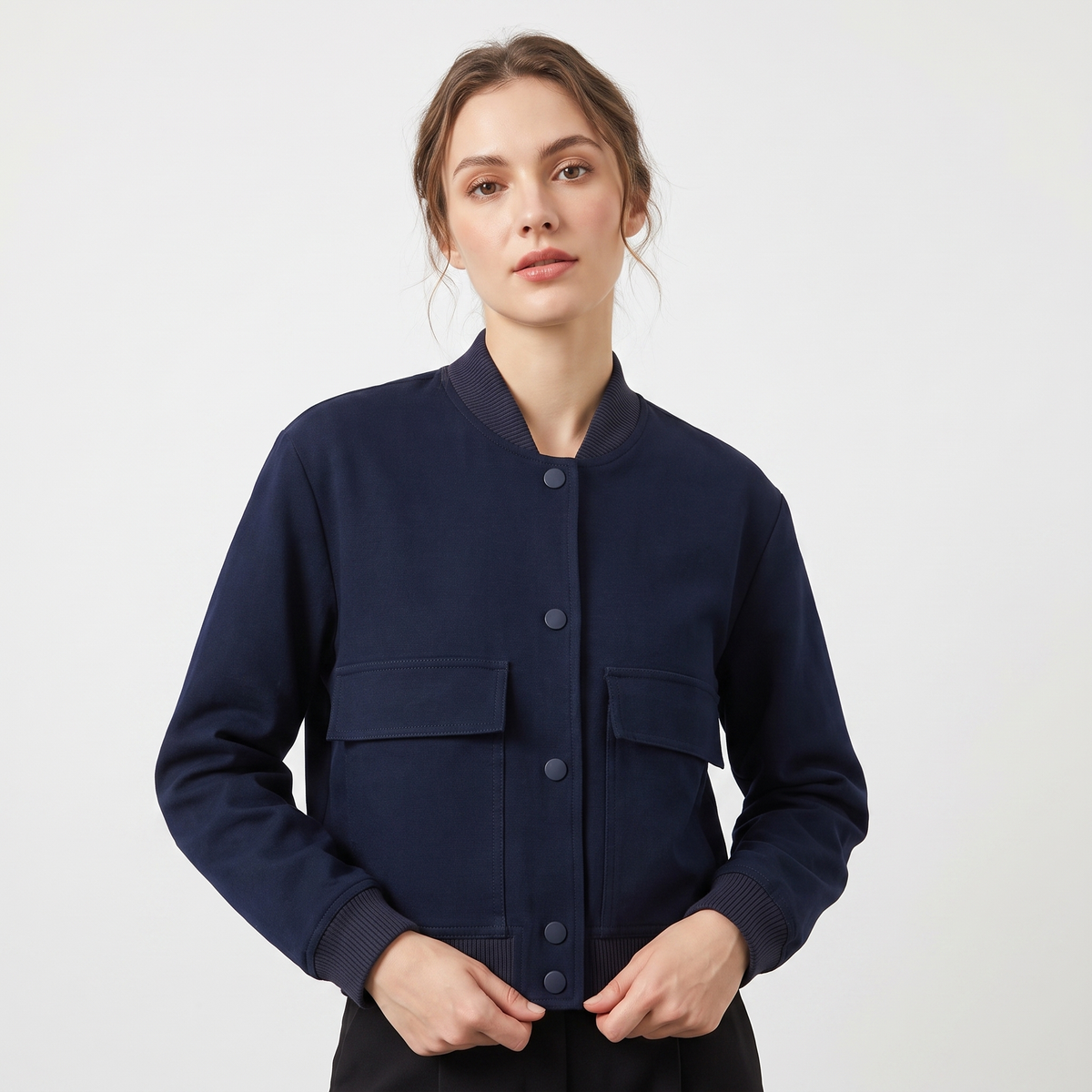 Women's Cropped Bomber Jacket Button Front Cargo Pocket Ribbed Trim Coat