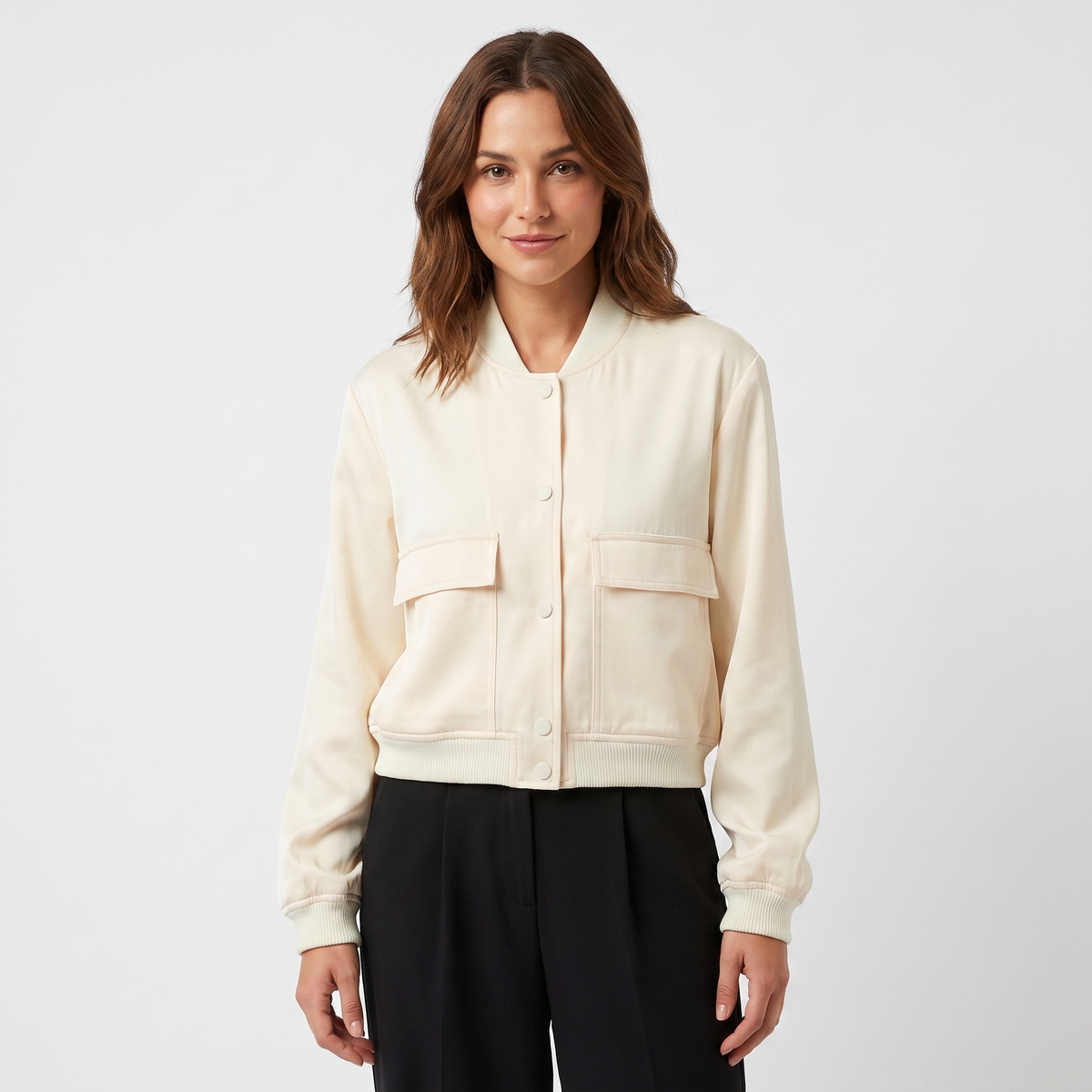 Women's Cropped Bomber Jacket Button Front Cargo Pocket Ribbed Trim Coat