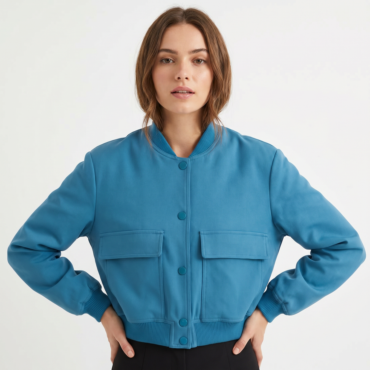 Women's Cropped Bomber Jacket Button Front Cargo Pocket Ribbed Trim Coat