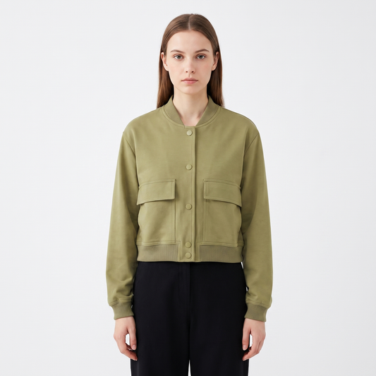 Women's Cropped Bomber Jacket Button Front Cargo Pocket Ribbed Trim Coat