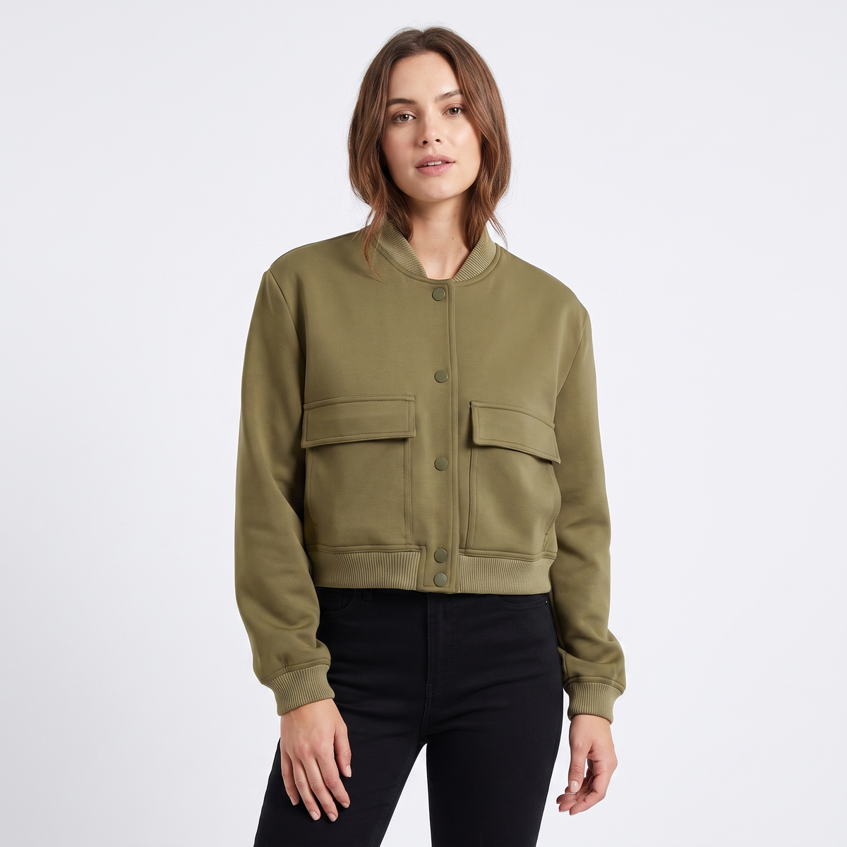 Women's Cropped Bomber Jacket Button Front Cargo Pocket Ribbed Trim Coat