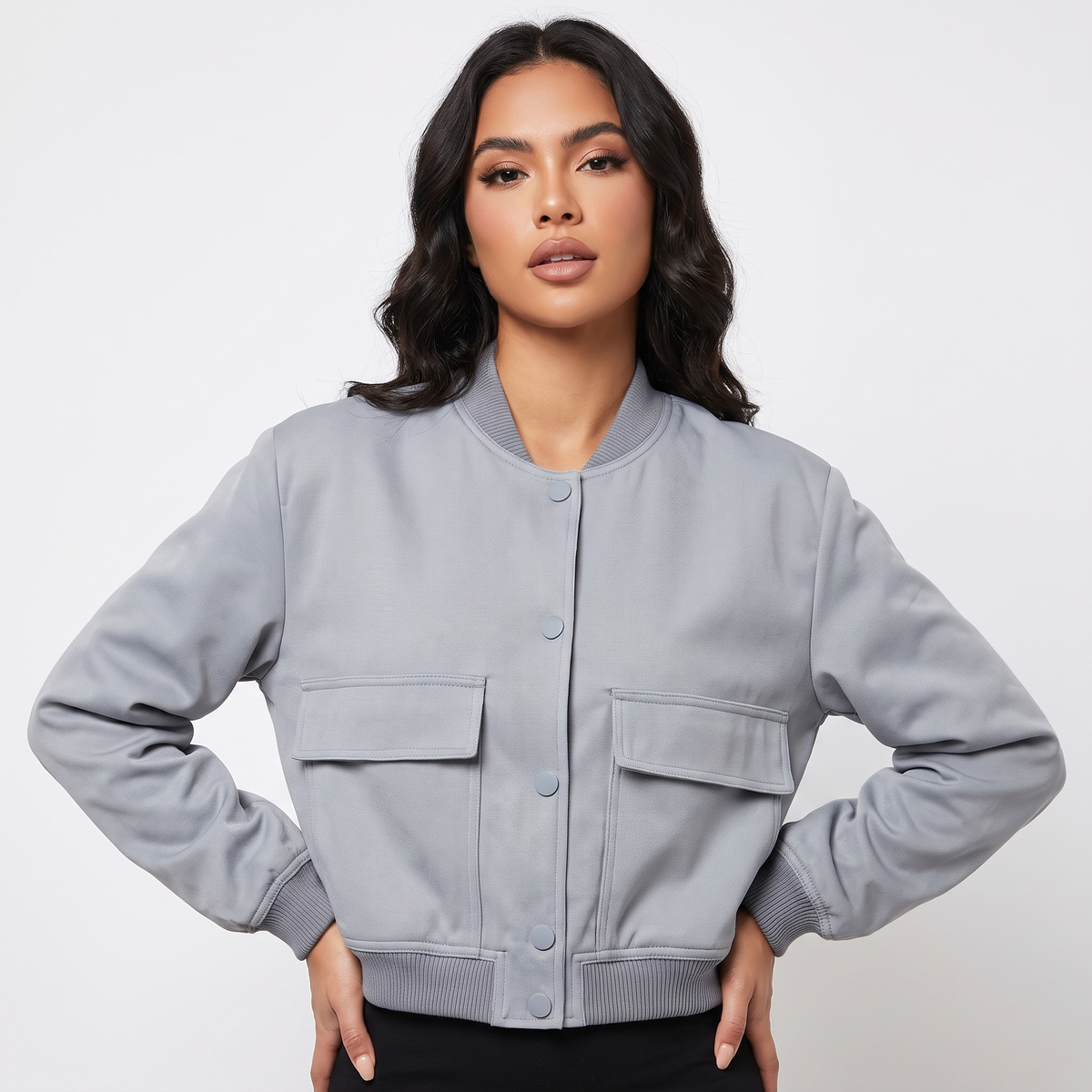 Women's Cropped Bomber Jacket Button Front Cargo Pocket Ribbed Trim Coat