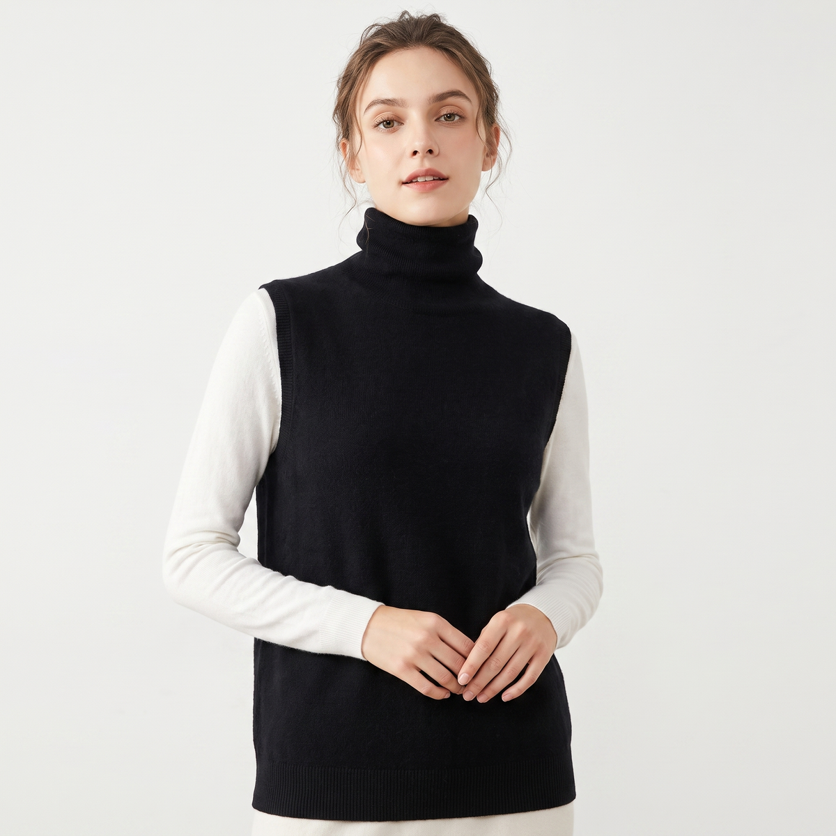 Women's Sleeveless Turtleneck Knit Vest Cashmere Feel Soft Layering Top