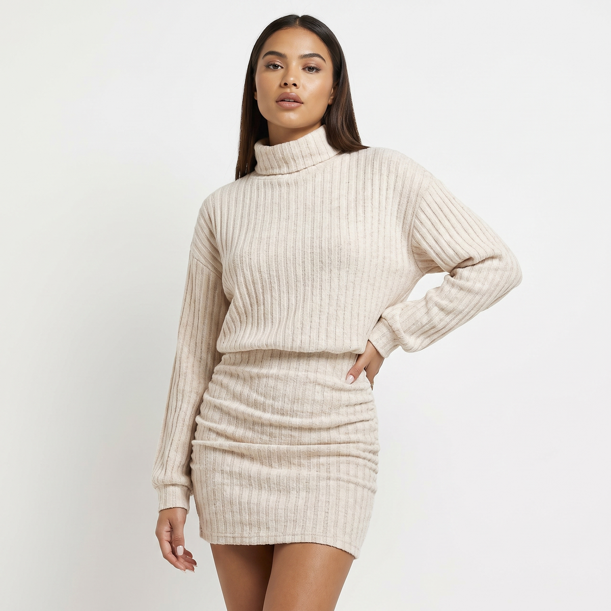 Women's Ribbed Knit Turtleneck Mini Long-Sleeve Bodycon Sweater Dress