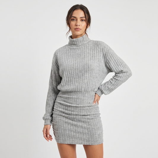 Women's Ribbed Knit Turtleneck Mini Long-Sleeve Bodycon Sweater Dress