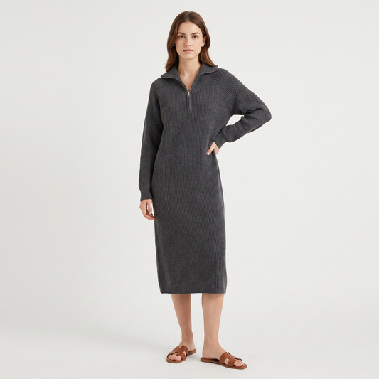 Women's Half-Zip Ribbed Knit Midi Long-Sleeve Polo Neck Sweater Dress