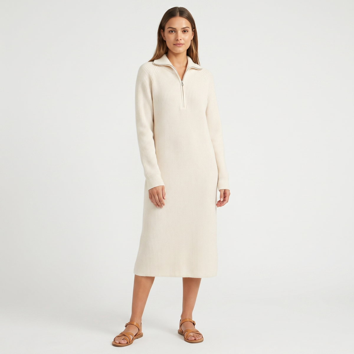Vestito midi da donna in maglia a costine con mezza zip e collo a lupetto, a maniche lunghe