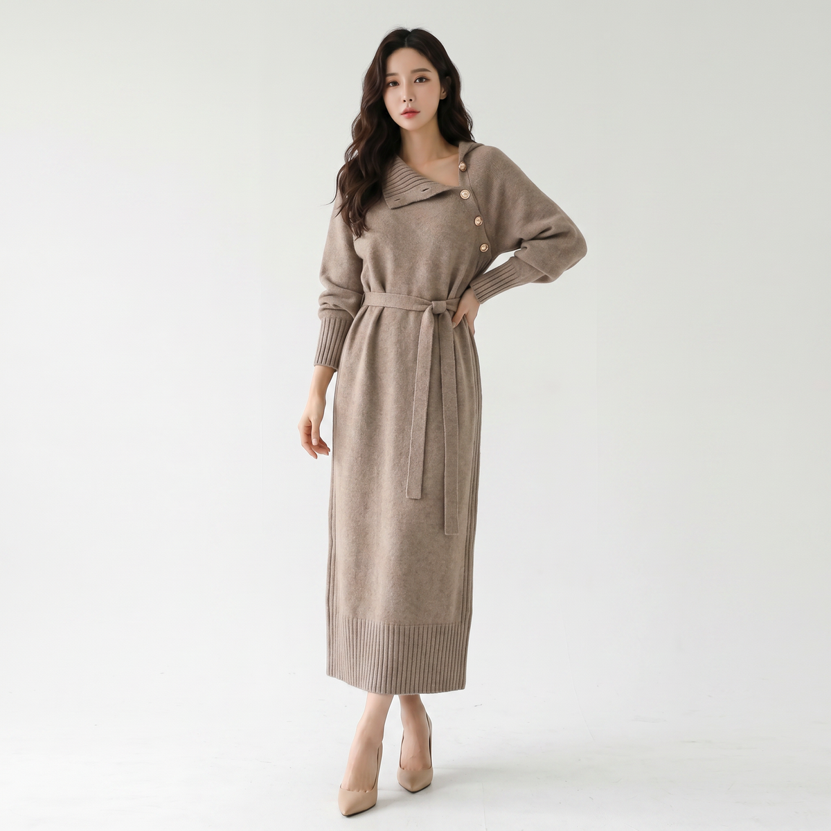 Women's Knit Sweater Midi Winter Dress Belted Asymmetric Collar Long-Sleeve