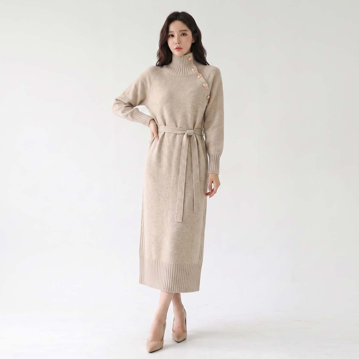 Women's Knit Sweater Midi Winter Dress Belted Asymmetric Collar Long-Sleeve