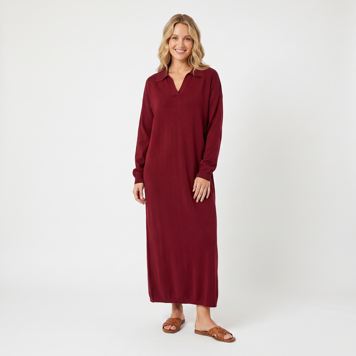 Women's Knit Polo Collar Maxi Long-Sleeve Relaxed-Fit Sweater Winter Dress