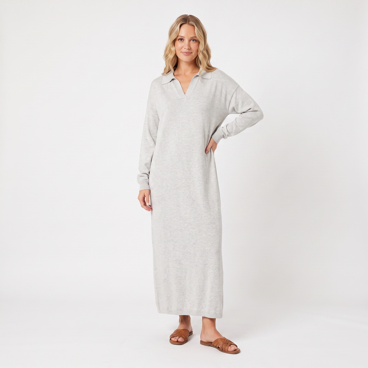 Women's Knit Polo Collar Maxi Long-Sleeve Relaxed-Fit Sweater Winter Dress