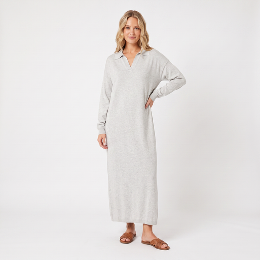 Women's Knit Polo Collar Maxi Long-Sleeve Relaxed-Fit Sweater Winter Dress