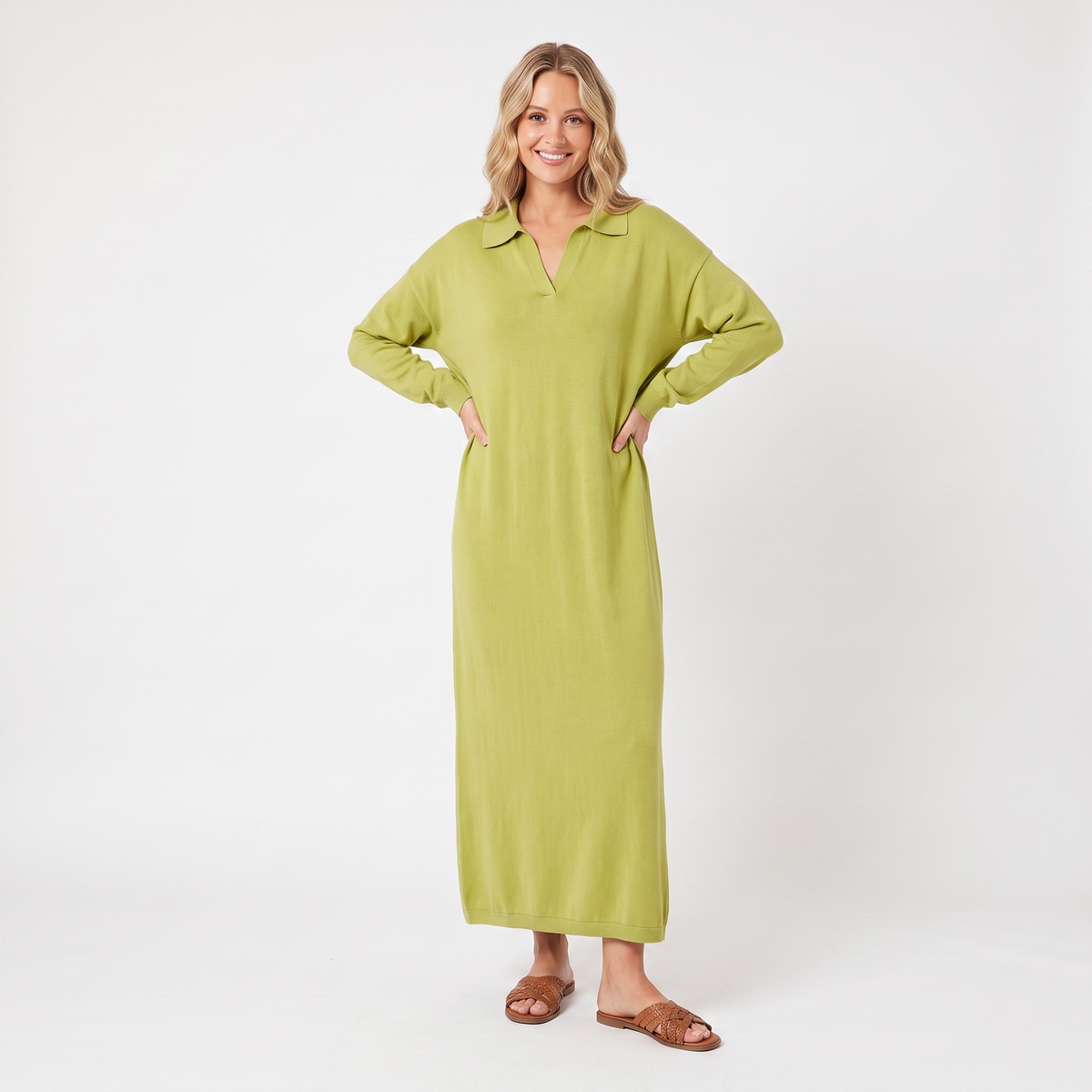 Women's Knit Polo Collar Maxi Long-Sleeve Relaxed-Fit Sweater Winter Dress
