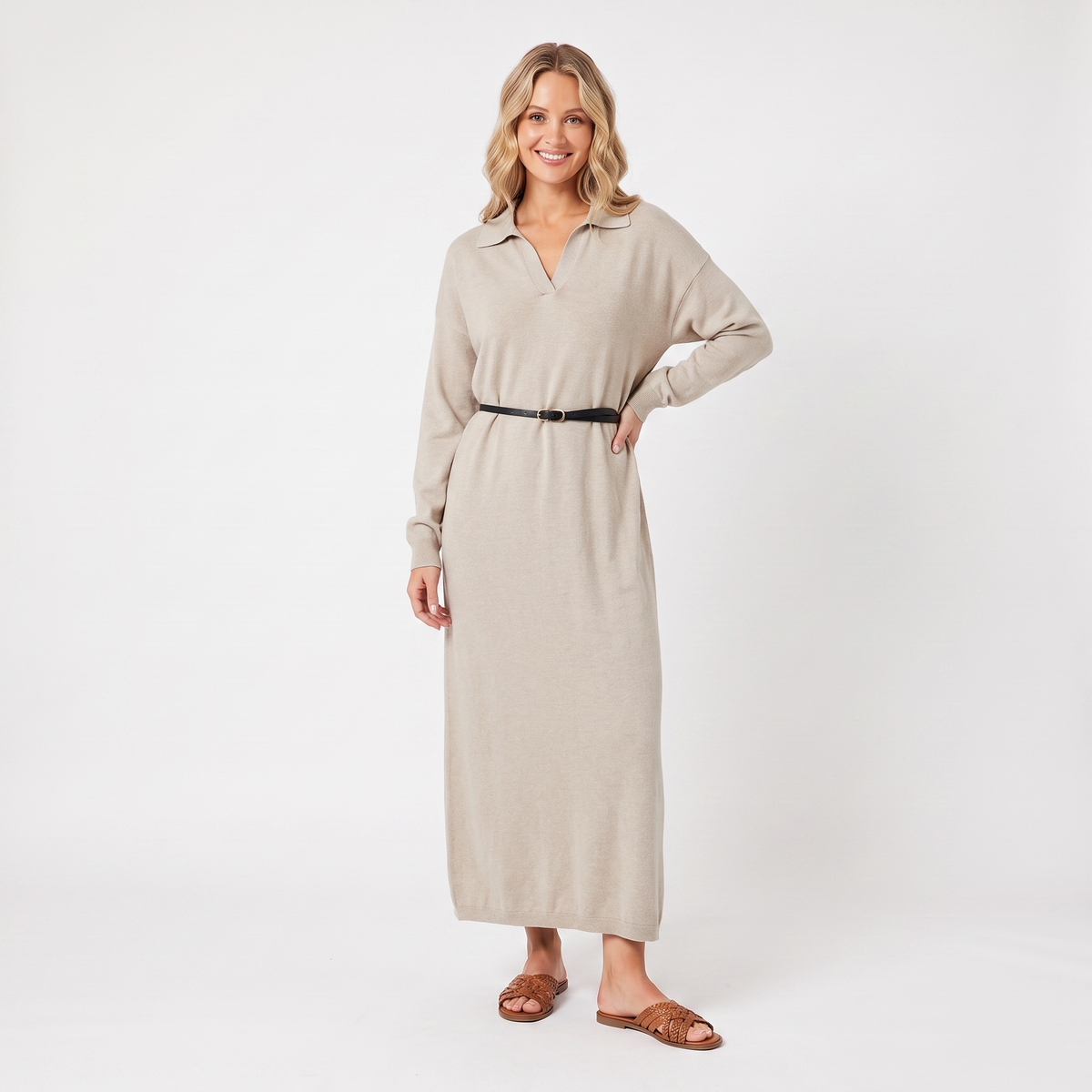 Women's Knit Polo Collar Maxi Long-Sleeve Relaxed-Fit Sweater Winter Dress