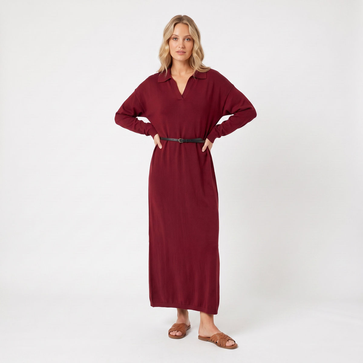 Women's Knit Polo Collar Maxi Long-Sleeve Relaxed-Fit Sweater Winter Dress