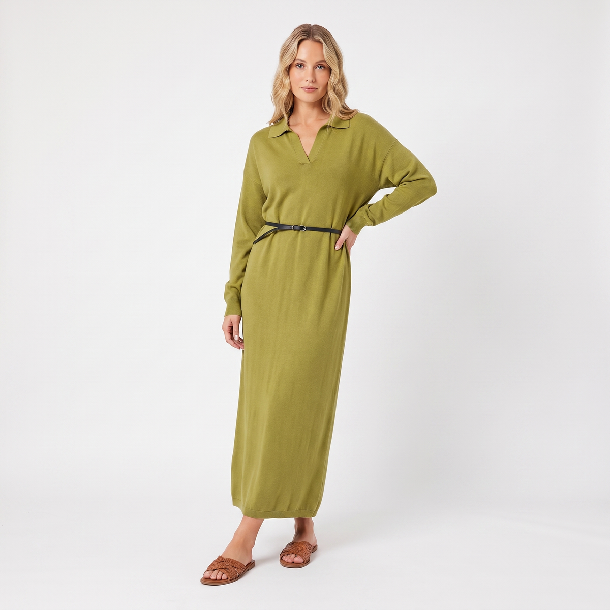 Women's Knit Polo Collar Maxi Long-Sleeve Relaxed-Fit Sweater Winter Dress