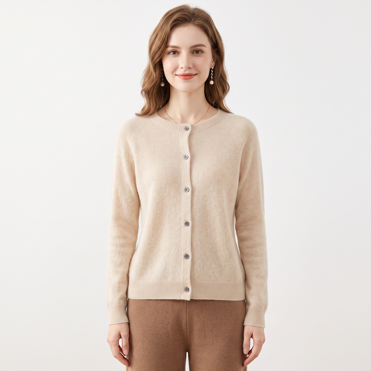 Women's Wool Knit Cardigan Crew-Neck Button-Up Long-Sleeve Winter Sweater