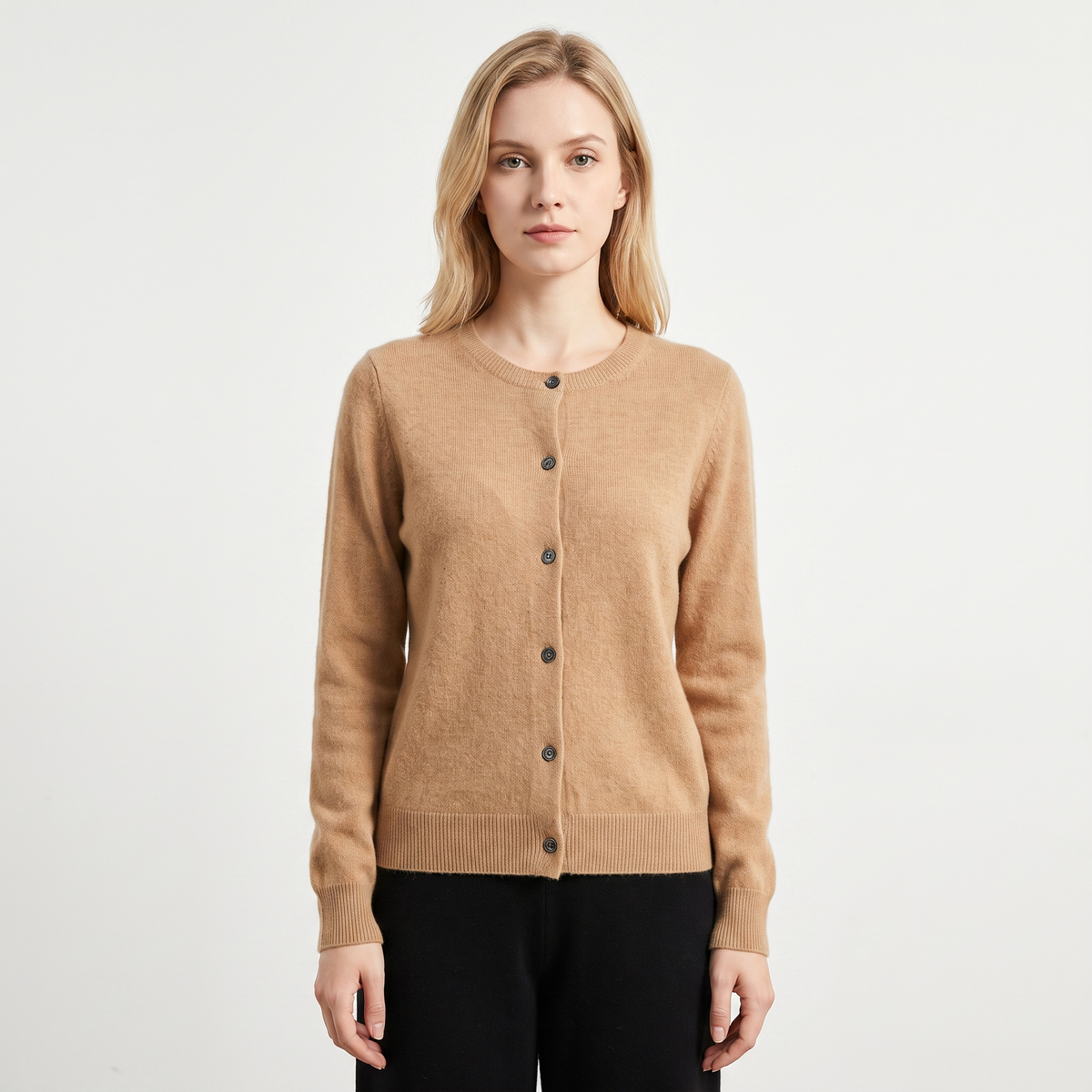 Women's Wool Knit Cardigan Crew-Neck Button-Up Long-Sleeve Winter Sweater