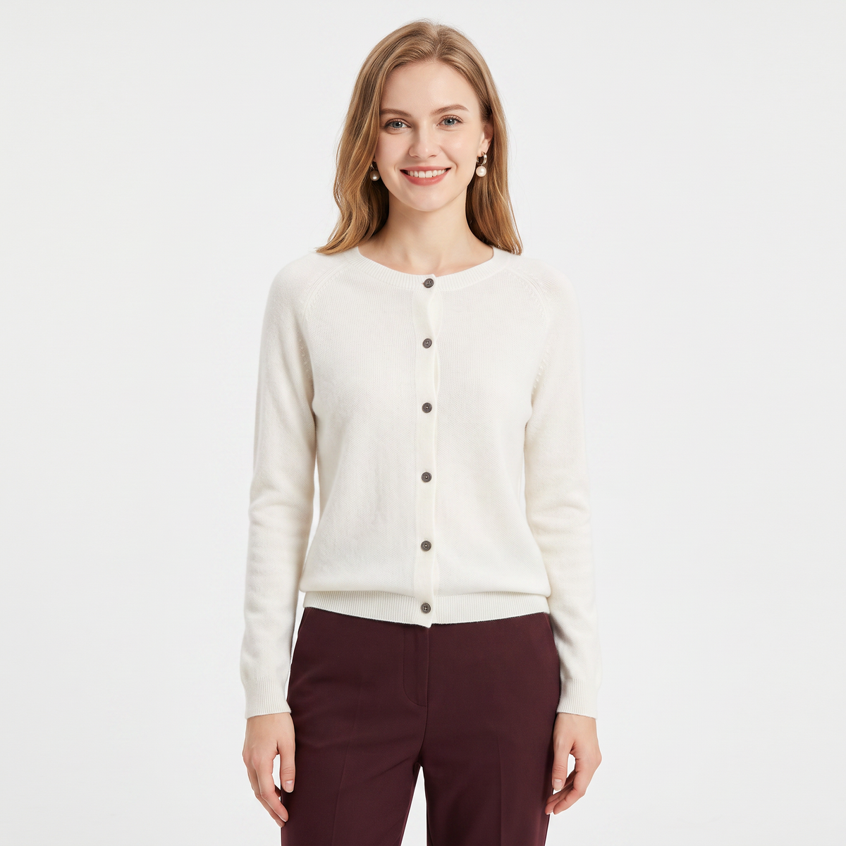 Women's Wool Knit Cardigan Crew-Neck Button-Up Long-Sleeve Winter Sweater