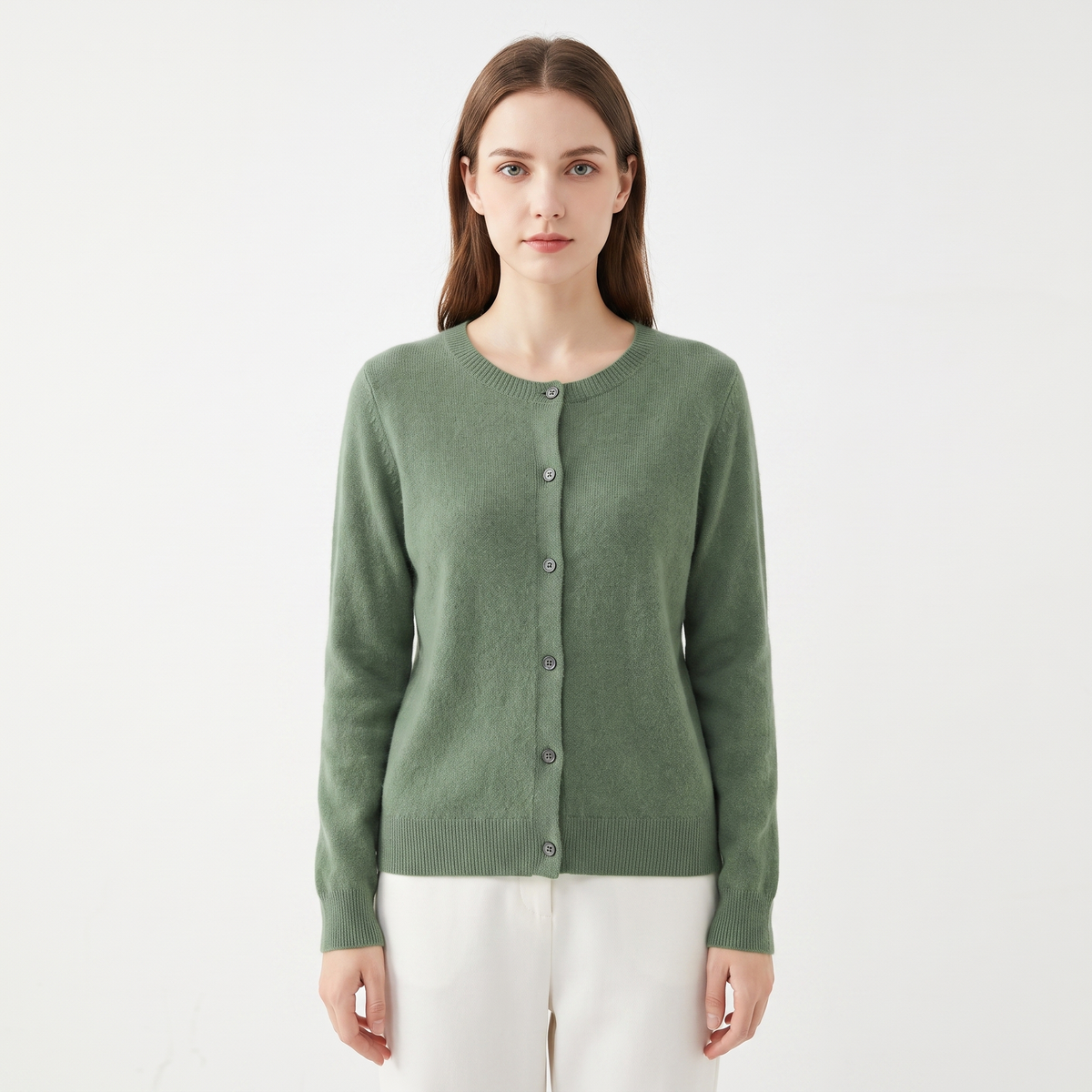 Women's Wool Knit Cardigan Crew-Neck Button-Up Long-Sleeve Winter Sweater