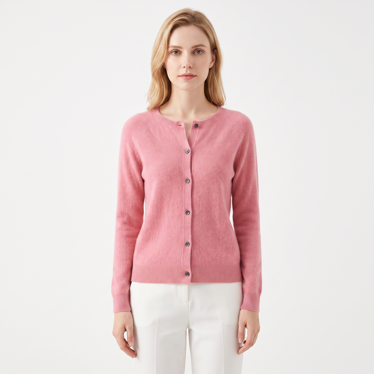 Women's Wool Knit Cardigan Crew-Neck Button-Up Long-Sleeve Winter Sweater