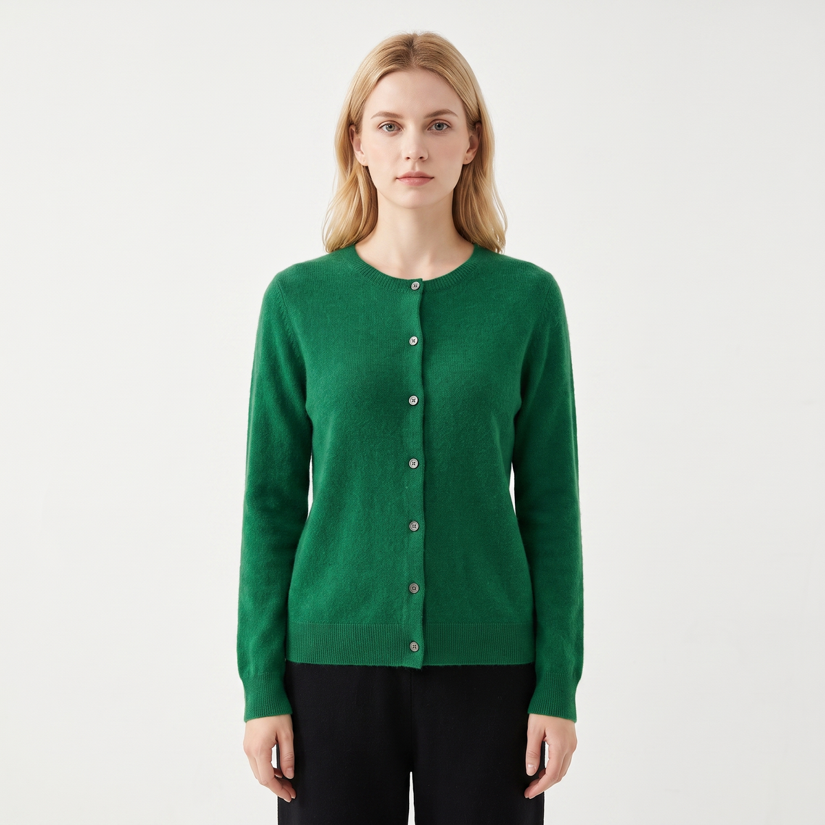Women's Wool Knit Cardigan Crew-Neck Button-Up Long-Sleeve Winter Sweater