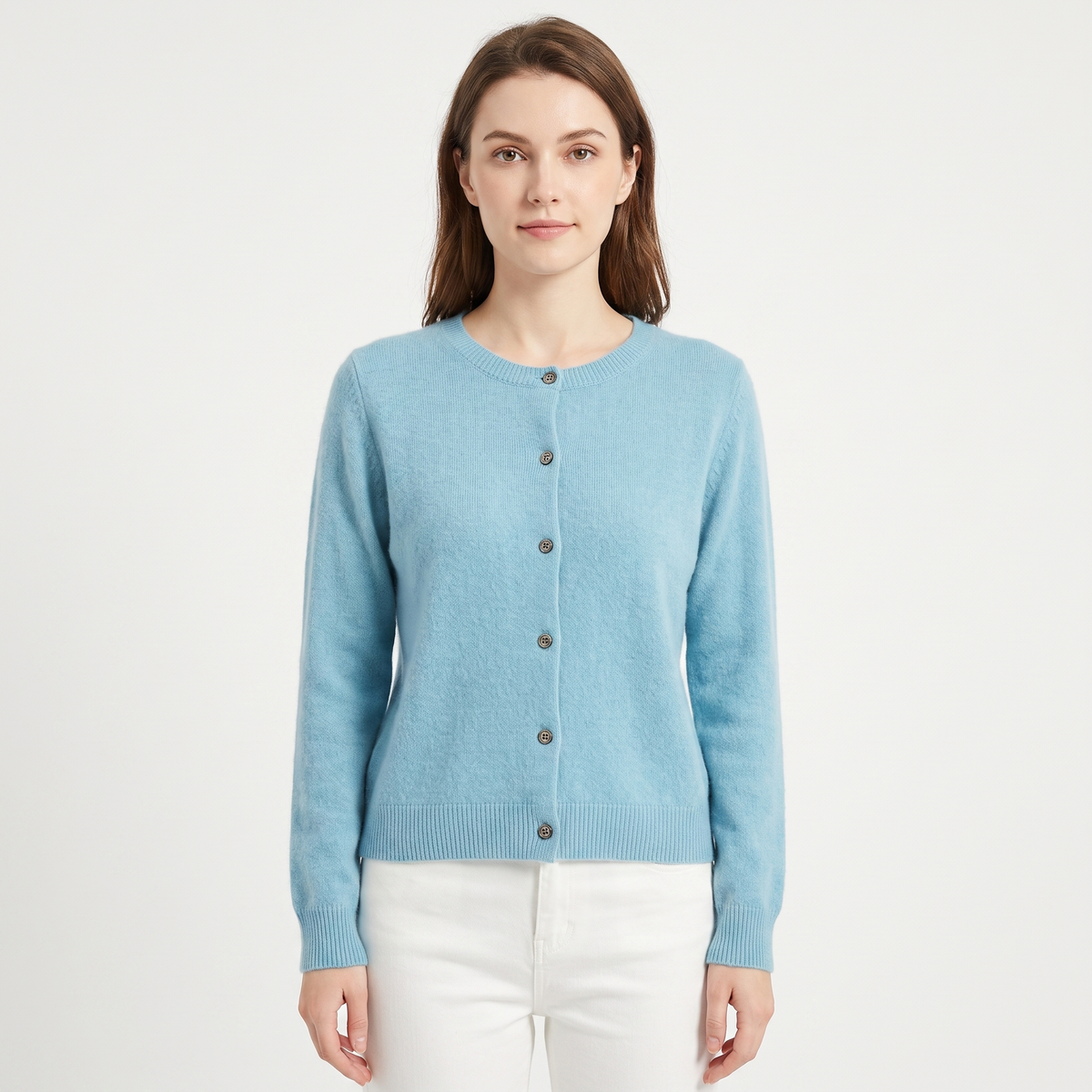 Women's Wool Knit Cardigan Crew-Neck Button-Up Long-Sleeve Winter Sweater