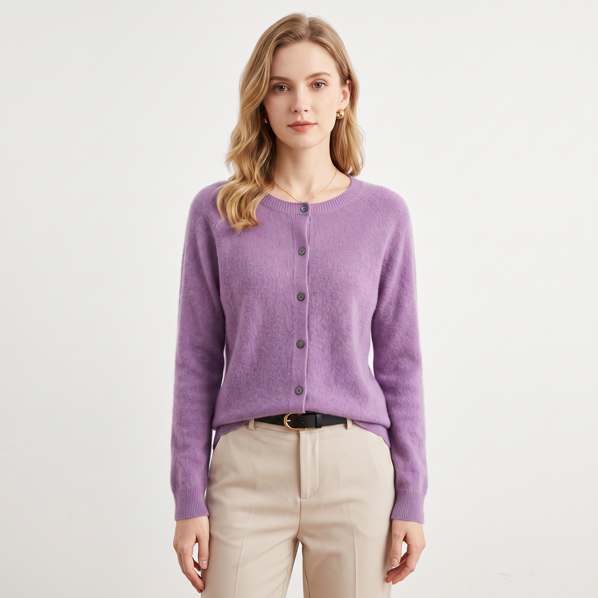 Women's Wool Knit Cardigan Crew-Neck Button-Up Long-Sleeve Winter Sweater