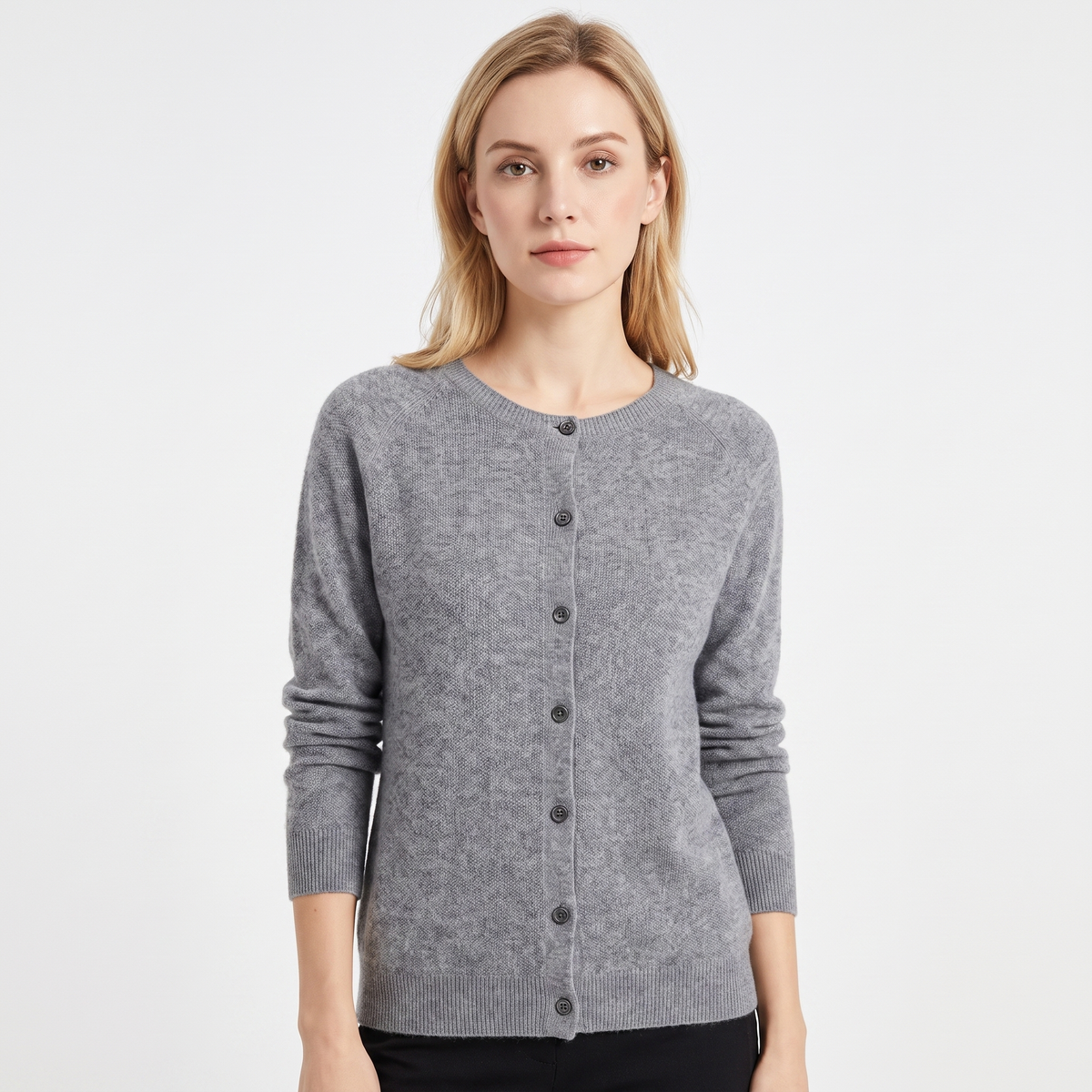 Women's Wool Knit Cardigan Crew-Neck Button-Up Long-Sleeve Winter Sweater