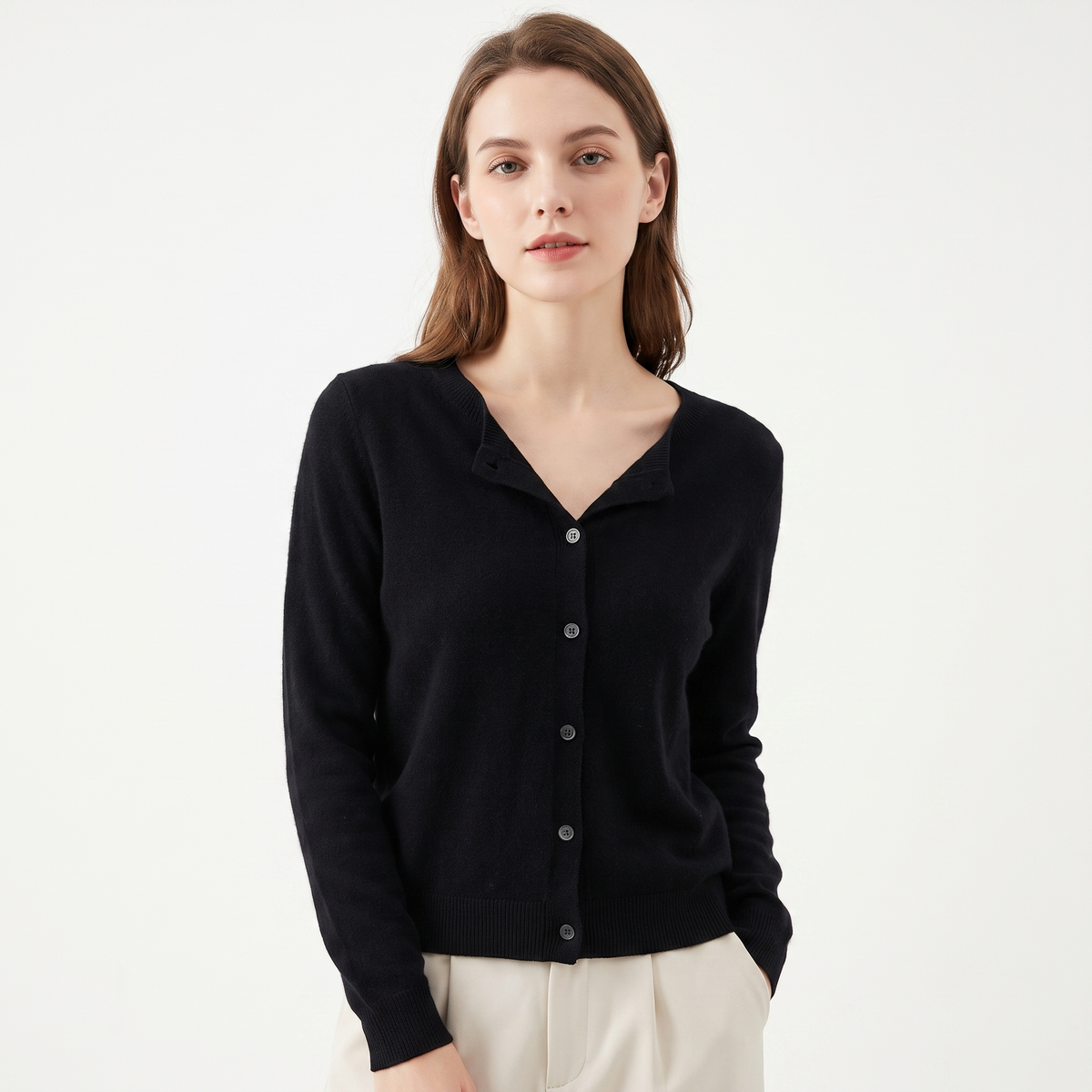 Women's Wool Knit Cardigan Crew-Neck Button-Up Long-Sleeve Winter Sweater