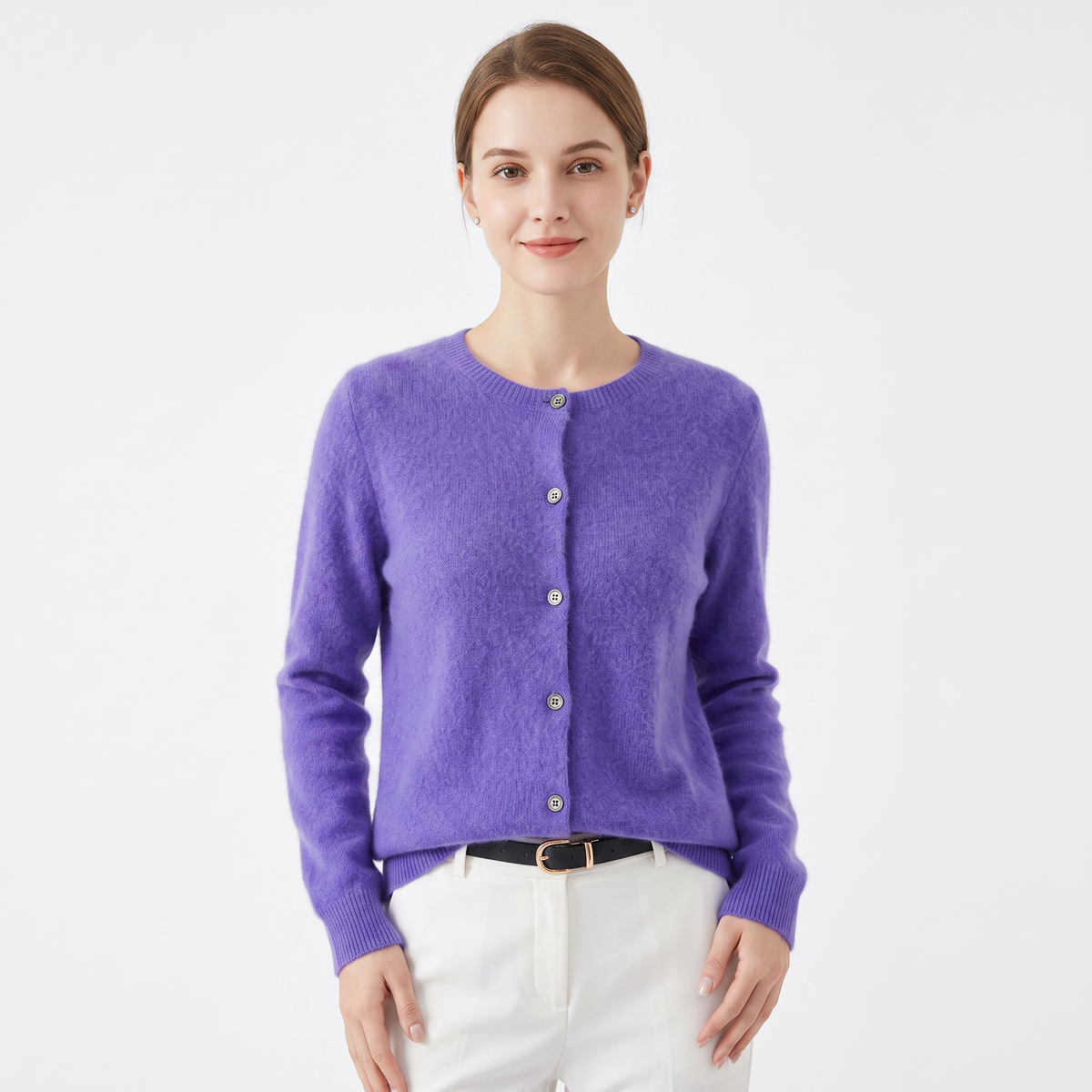 Women's Wool Knit Cardigan Crew-Neck Button-Up Long-Sleeve Winter Sweater