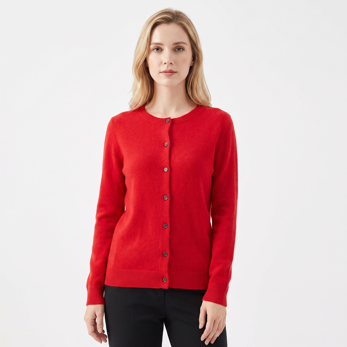 Women's Wool Knit Cardigan Crew-Neck Button-Up Long-Sleeve Winter Sweater