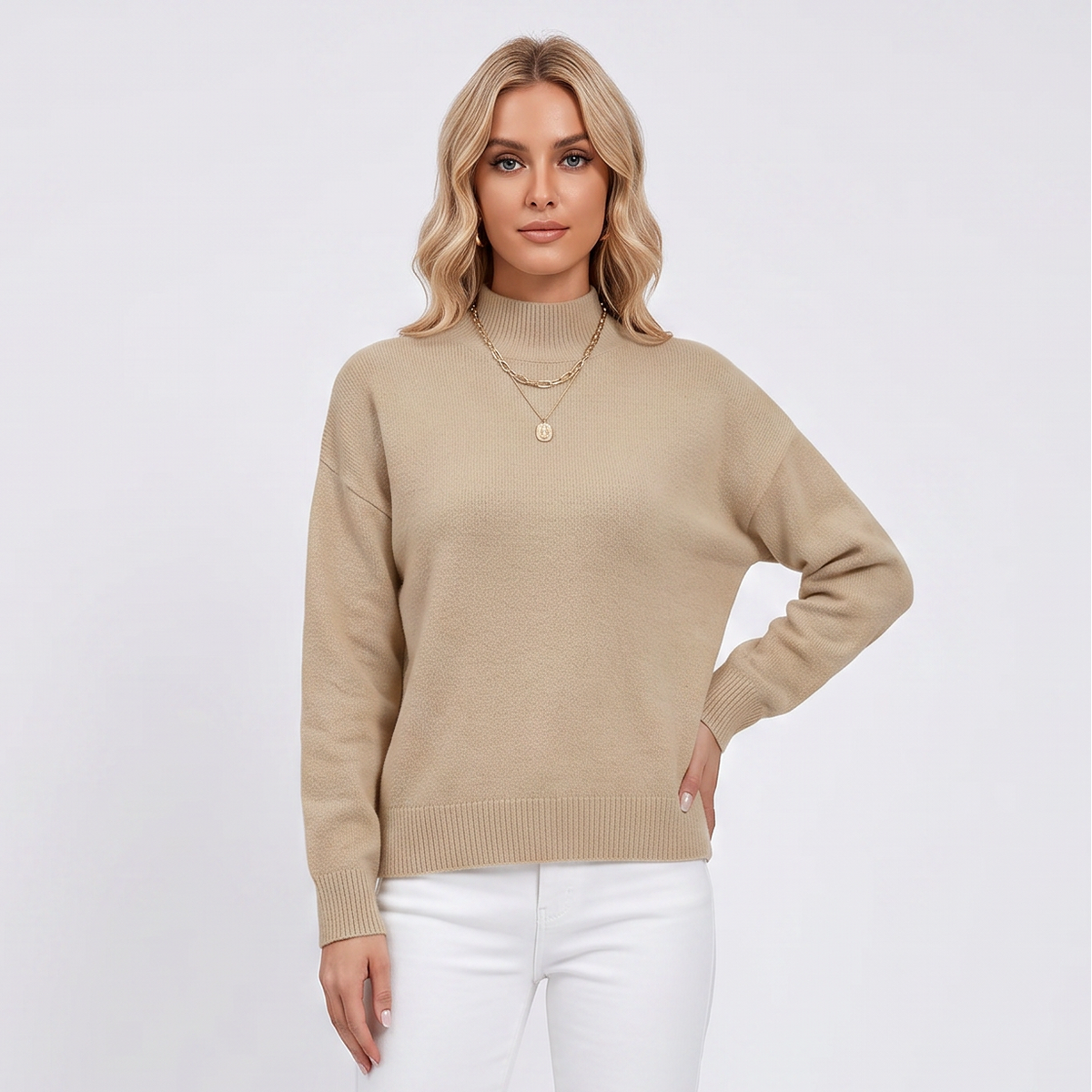 Women's Mock-Neck Winter Sweater Soft Knit Long-Sleeve Relaxed-Fit Pullover