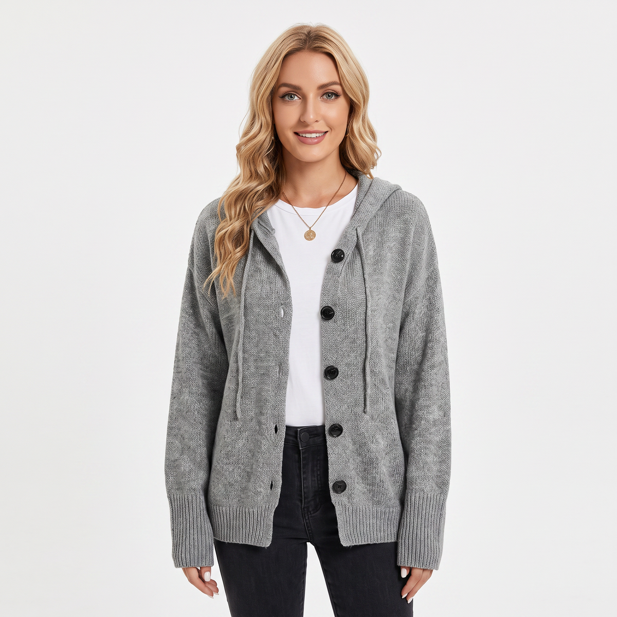 Women's Hooded Cardigan Chunky Knit Button-Front Sweater Winter Coat