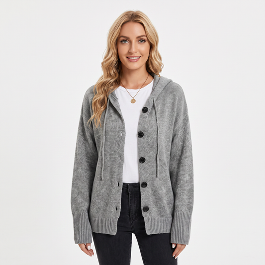 Women's Hooded Cardigan Chunky Knit Button-Front Sweater Winter Coat