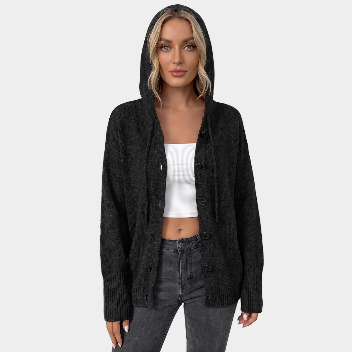 Women's Hooded Cardigan Chunky Knit Button-Front Sweater Winter Coat