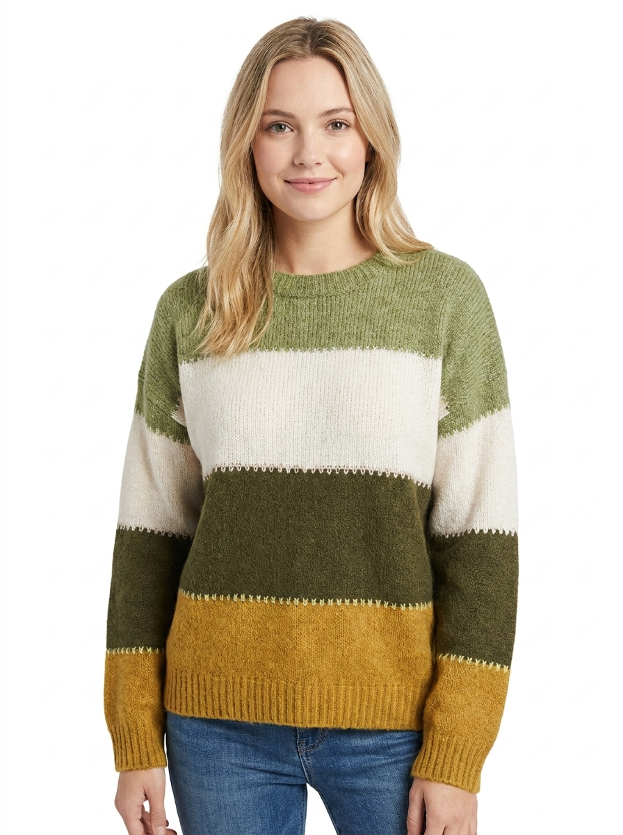 Women's Color-Block Winter Sweater Crew-Neck Long-Sleeve Knit Pullover