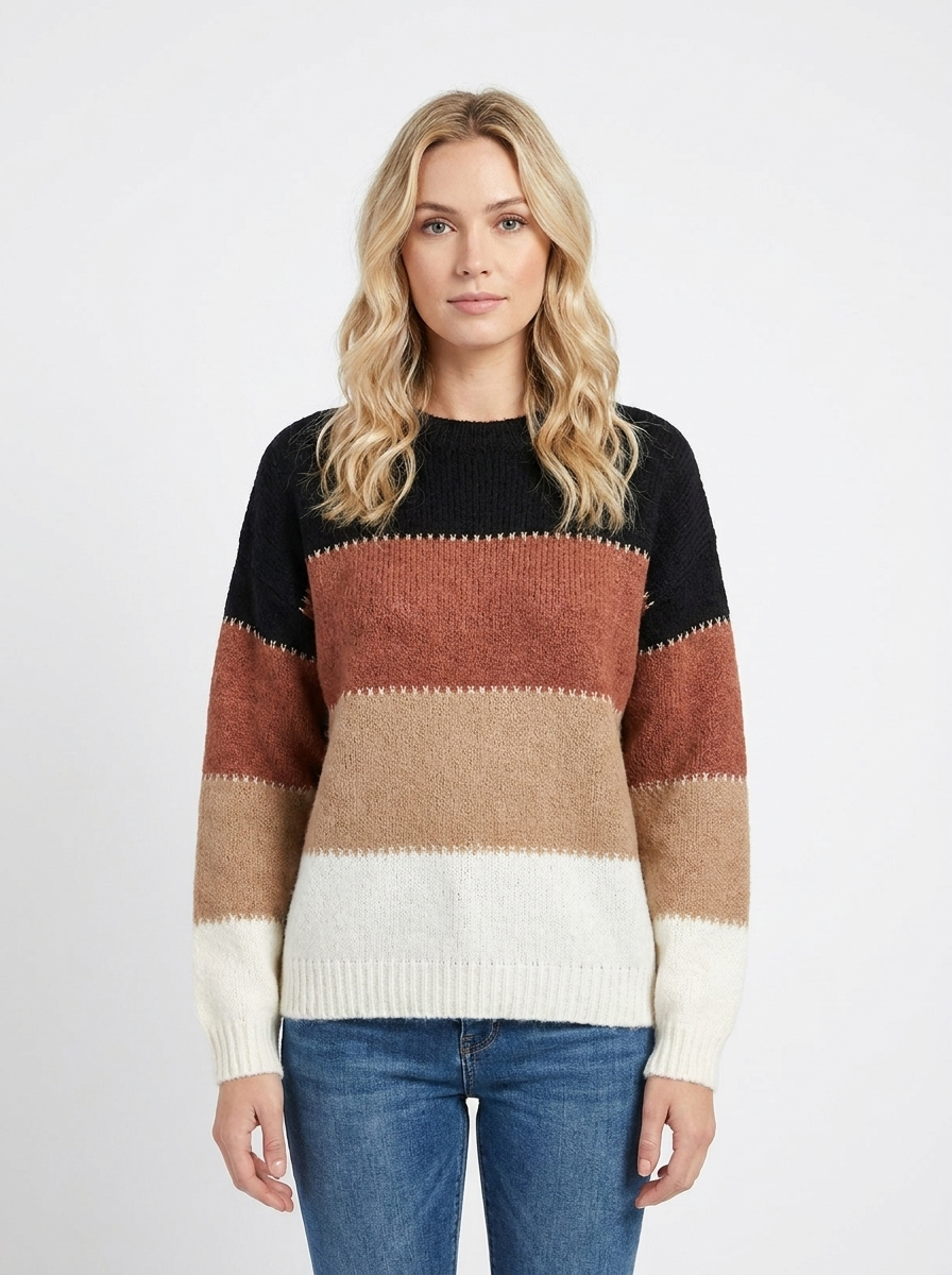 Women's Color-Block Winter Sweater Crew-Neck Long-Sleeve Knit Pullover